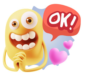 3d Rendering. Love Emoticon Face saying Ok with Colorful Speech
