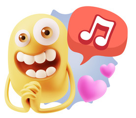 3d Rendering. Love Emoticon Face saying Music Symbol with Colorf