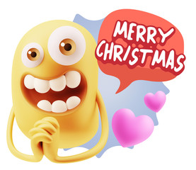3d Rendering. Love Emoticon Face saying Merry Christmas with Col