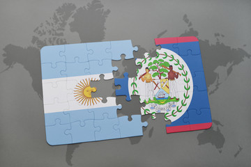 puzzle with the national flag of argentina and belize on a world map background.