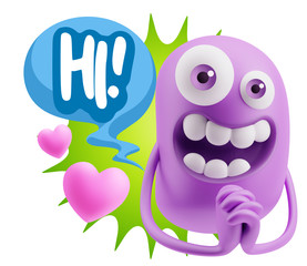 3d Rendering. Love Emoticon Face saying Hi with Colorful Speech