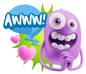 3d Rendering. Love Emoticon Face saying Awww with Colorful Speec
