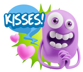 3d Rendering. Love Emoticon Face saying Kisses with Colorful Spe