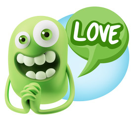 3d Rendering. Love Emoticon Face saying Love with Colorful Speec