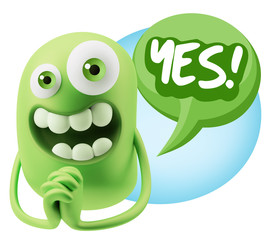3d Rendering. Love Emoticon Face saying Yes with Colorful Speech