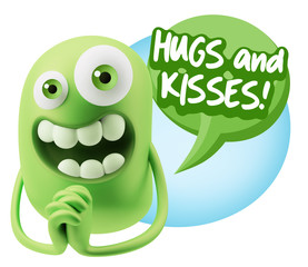 3d Rendering. Love Emoticon Face saying Hugs And Kisses with Col