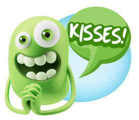 3d Rendering. Love Emoticon Face saying Kisses with Colorful Spe