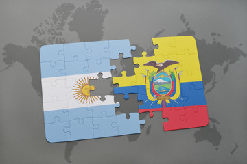 puzzle with the national flag of argentina and ecuador on a world map background.