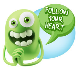 3d Rendering. Love Emoticon Face saying Follow Your Heart with C