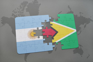 puzzle with the national flag of argentina and guyana on a world map background.