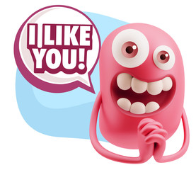 3d Rendering. Love Emoticon Face saying I Like You with Colorful