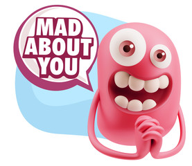 3d Rendering. Love Emoticon Face saying Mad About You with Color