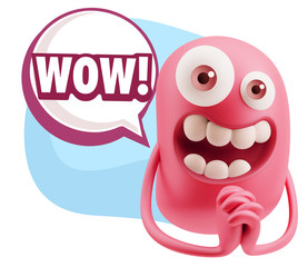 3d Rendering. Love Emoticon Face saying Wow with Colorful Speech