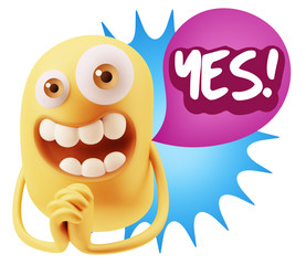3d Rendering. Love Emoticon Face saying Yes with Colorful Speech