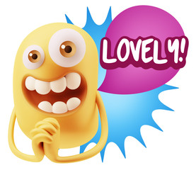3d Rendering. Love Emoticon Face saying Lovely with Colorful Spe