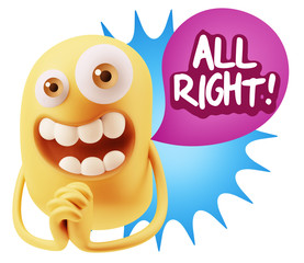 3d Rendering. Love Emoticon Face saying All Right with Colorful
