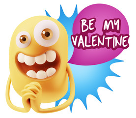 3d Rendering. Love Emoticon Face saying Be My Valentine with Col