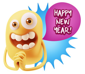 3d Rendering. Love Emoticon Face saying Happy New Year with Colo