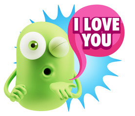 3d Rendering. Love Emoticon Face Blowing a Kiss saying I Love Yo