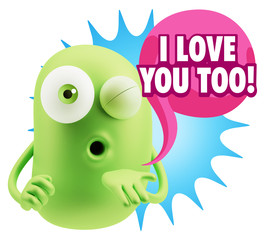 3d Rendering. Love Emoticon Face Blowing a Kiss saying I Love Yo