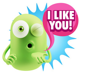 3d Rendering. Love Emoticon Face Blowing a Kiss saying I Like Yo