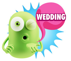 3d Rendering. Love Emoticon Face Blowing a Kiss saying Wedding w