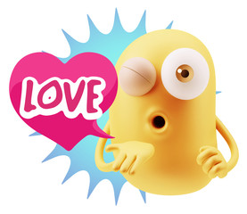 3d Rendering. Love Emoticon Face Blowing a Kiss saying Love with