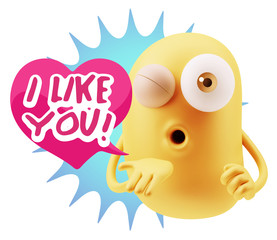 3d Rendering. Love Emoticon Face Blowing a Kiss saying I Like Yo