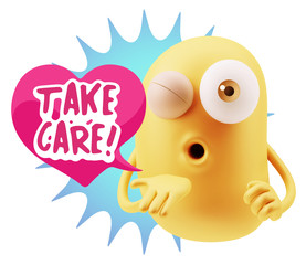 3d Rendering. Love Emoticon Face Blowing a Kiss saying Take Care