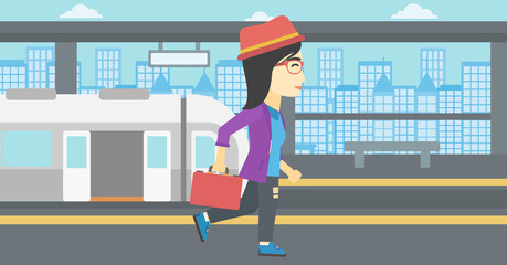 Woman at the train station vector illustration.