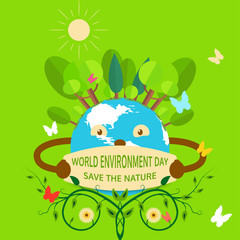 Fototapeta premium Vector illustration of World Environment Day with a globe, forest, sun, bush on a green background. Vector ecological picture of World Environment Day, Save the Nature.