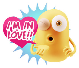 3d Rendering. Love Emoticon Face Blowing a Kiss saying I'm in Lo