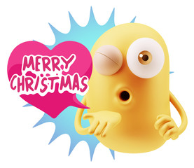 3d Rendering. Love Emoticon Face Blowing a Kiss saying Merry Chr