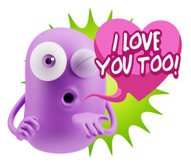 3d Rendering. Love Emoticon Face Blowing a Kiss saying I Love Yo