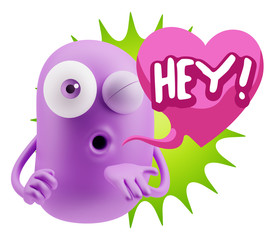 3d Rendering. Love Emoticon Face Blowing a Kiss saying Hey with