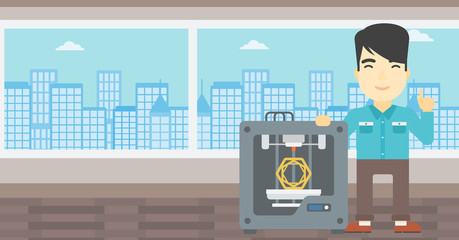 Man with three D printer vector illustration.