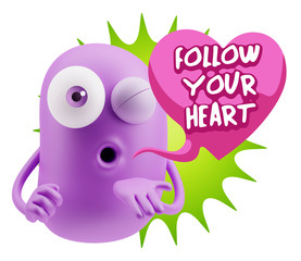 3d Rendering. Love Emoticon Face Blowing a Kiss saying Follow Yo