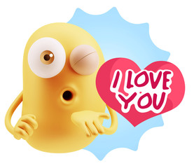 3d Rendering. Love Emoticon Face Blowing a Kiss saying I Love Yo