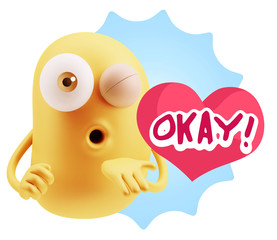 3d Rendering. Love Emoticon Face Blowing a Kiss saying Okay with