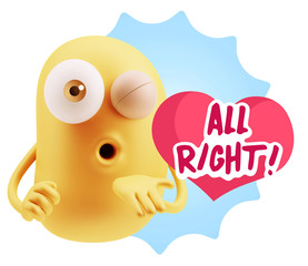 3d Rendering. Love Emoticon Face Blowing a Kiss saying All Right