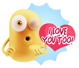 3d Rendering. Love Emoticon Face Blowing a Kiss saying I Love Yo