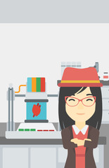Woman with three D printer vector illustration.