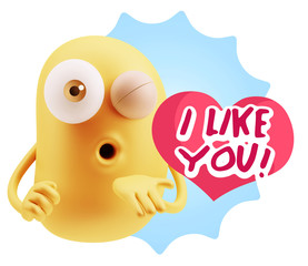 3d Rendering. Love Emoticon Face Blowing a Kiss saying I Like Yo