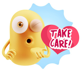 3d Rendering. Love Emoticon Face Blowing a Kiss saying Take Care