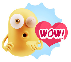 3d Rendering. Love Emoticon Face Blowing a Kiss saying Wow with