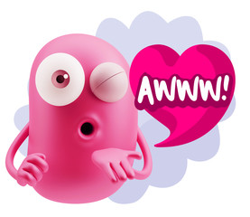 3d Rendering. Love Emoticon Face Blowing a Kiss saying Awww with