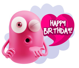 3d Rendering. Love Emoticon Face Blowing a Kiss saying Happy Bir