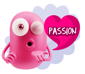 3d Rendering. Love Emoticon Face Blowing a Kiss saying Passion w