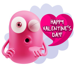 3d Rendering. Love Emoticon Face Blowing a Kiss saying Happy Val