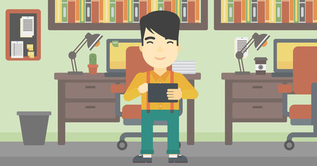Man using tablet computer vector illustration.